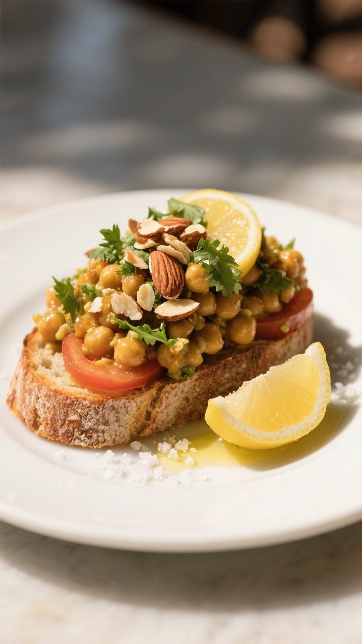 Final dish presentation: Curried chickpea salad piled high on thickly toasted sourdough, topped with