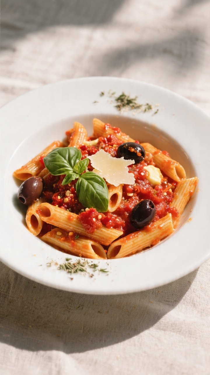 Final dish — Spicy Tomato Penne: Overhead shot of a wide, shallow white bowl filled with al dente 