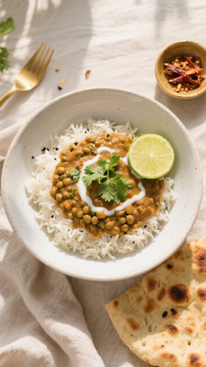 Final dish, tasty top view: Overhead shot of a beautifully plated bowl of lentil curry with coconut 