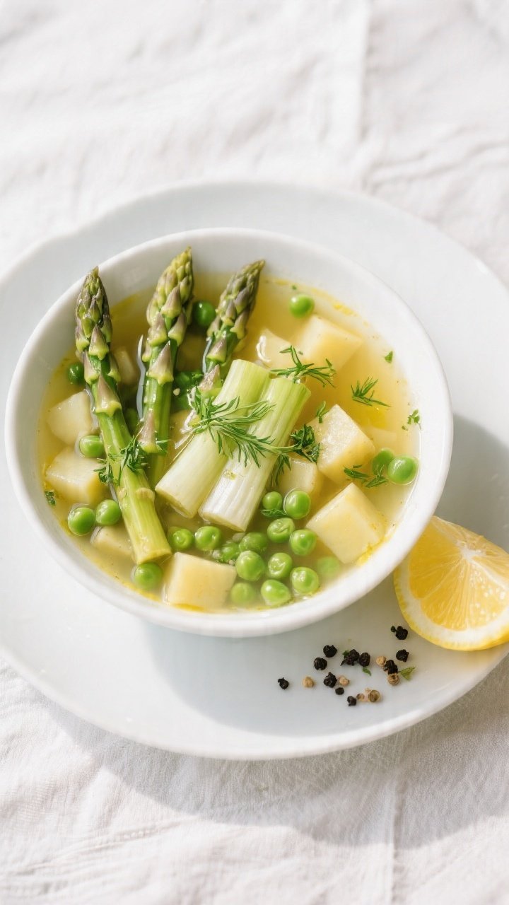 Final dish, tasty top view: Overhead shot of a bowl of Light Spring Vegetable Soup with Asparagus, P