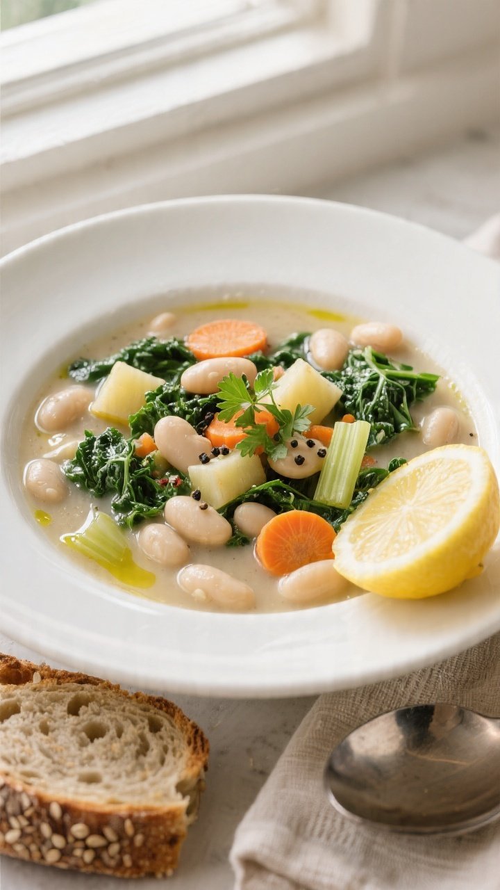 Final dish, tasty top view: Overhead shot of a wide, shallow white bowl filled with Vegan Tuscan Whi