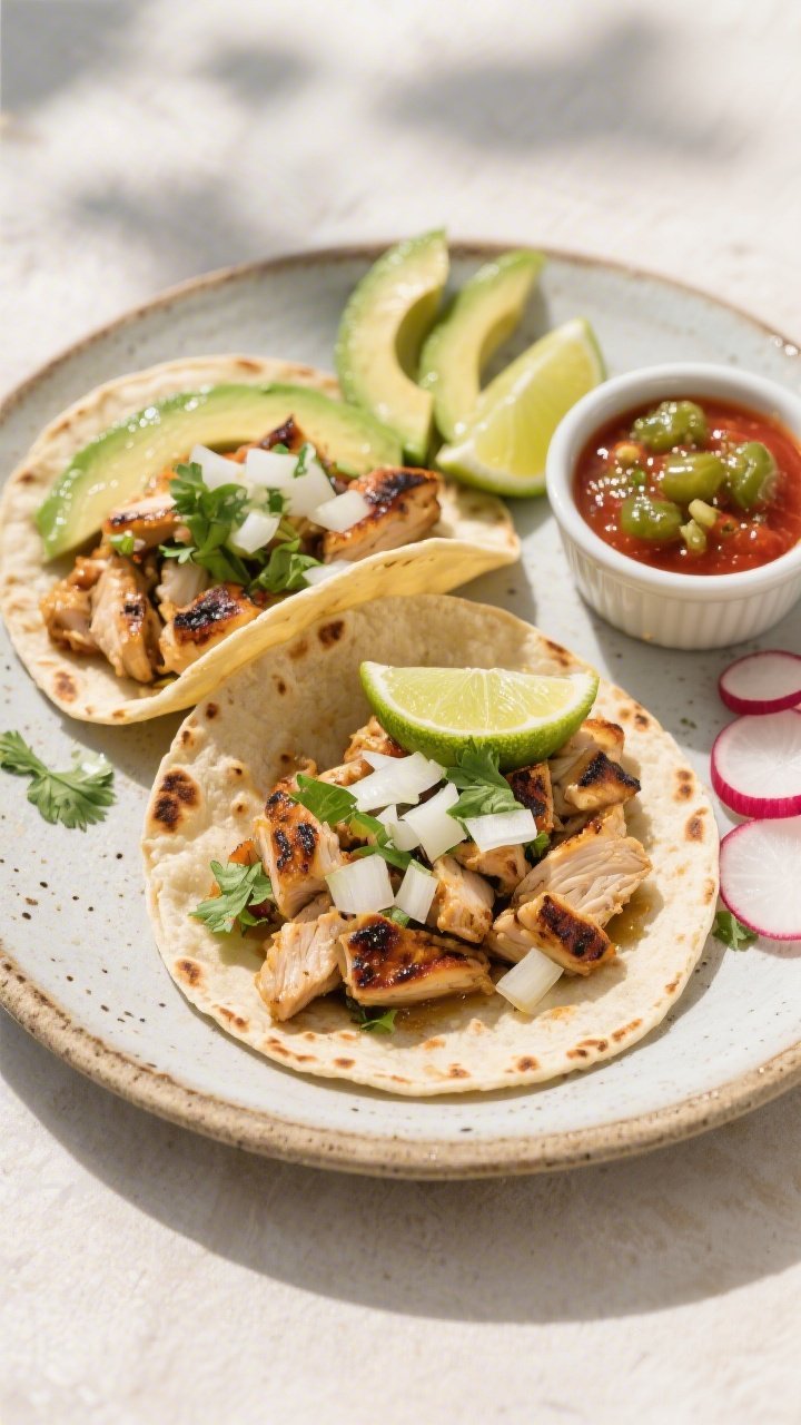 Final dish, tasty top view: Overhead shot of assembled chicken street tacos on a rustic ceramic plat