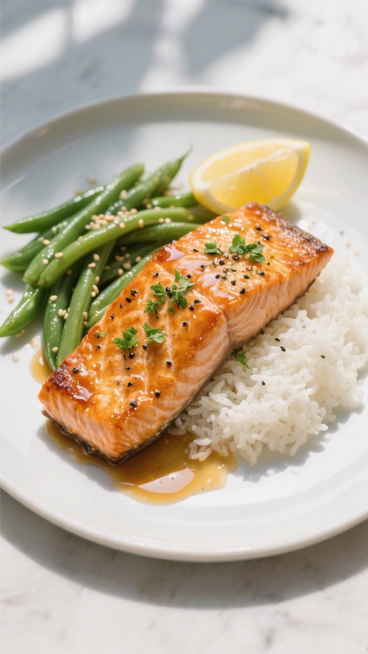 Final dish, tasty top view: Overhead shot of beautifully plated honey garlic butter salmon fillets o