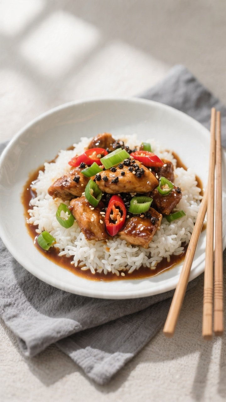 Final dish, tasty top view: Overhead shot of Black Pepper Chicken plated on a wide, white ceramic sh