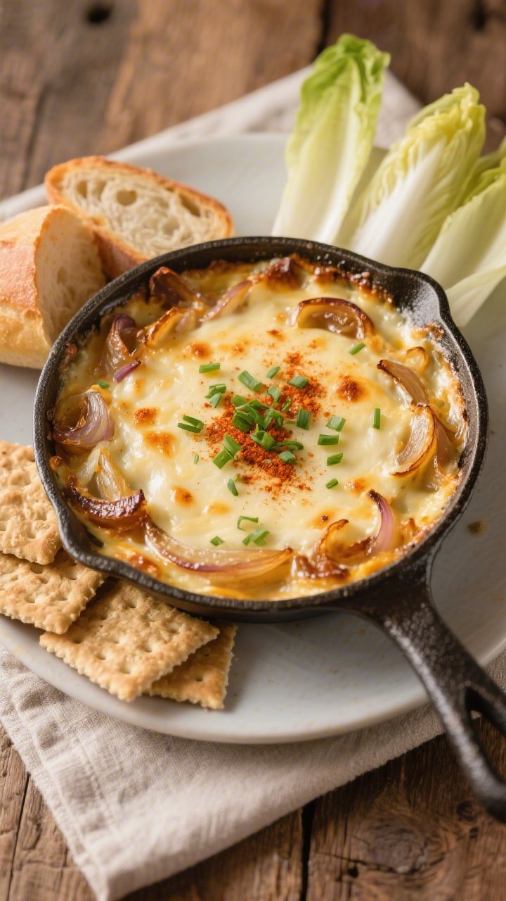 Final dish, tasty top view: Overhead shot of bubbling Caramelized Onion and Gruyere Dip in a small o