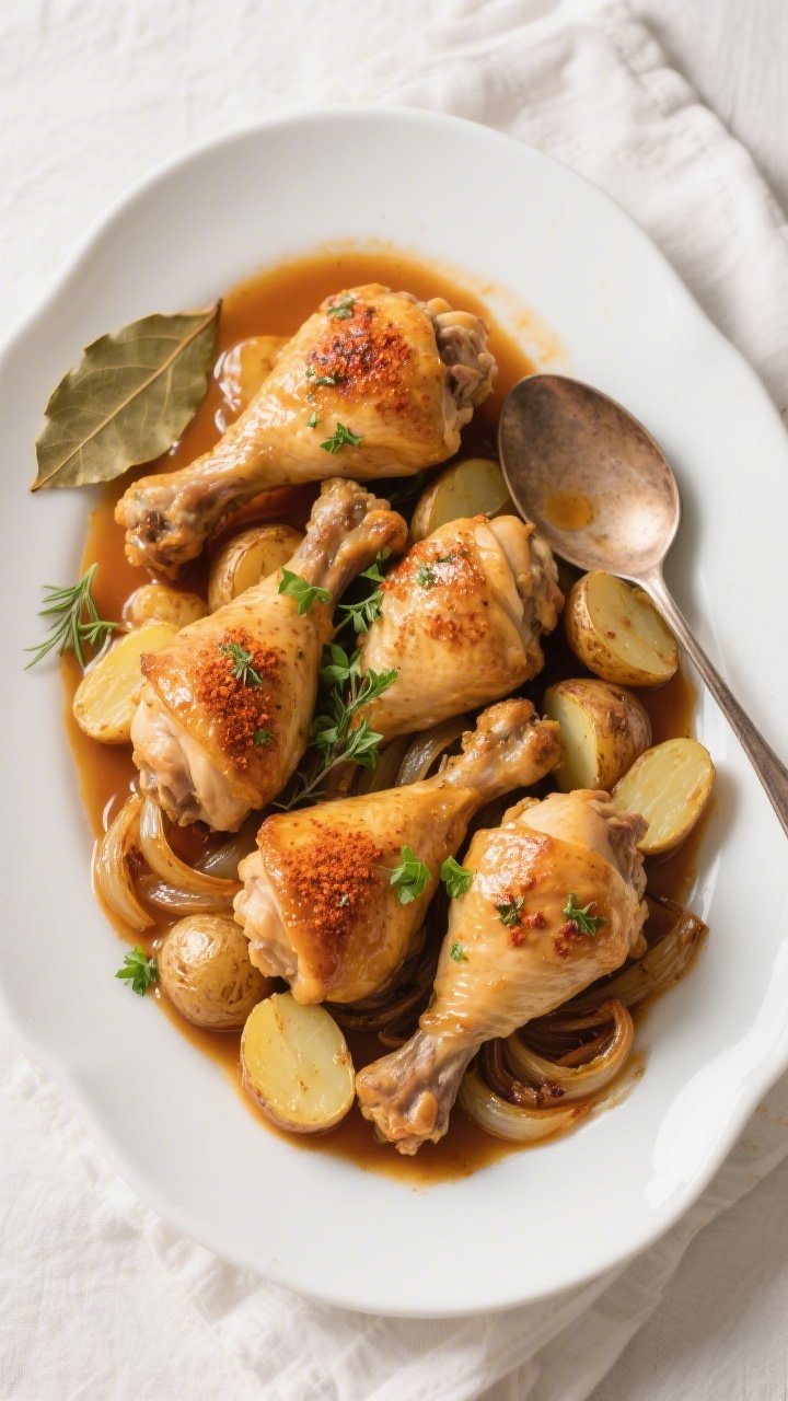 Final dish, tasty top view: Overhead shot of Chicken and Potatoes with silky pan gravy—four golden