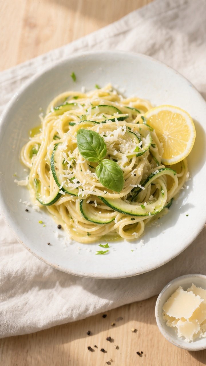 Final dish, tasty top view: Overhead shot of Creamy Lemon Basil Zucchini Pasta twirled into loose ne