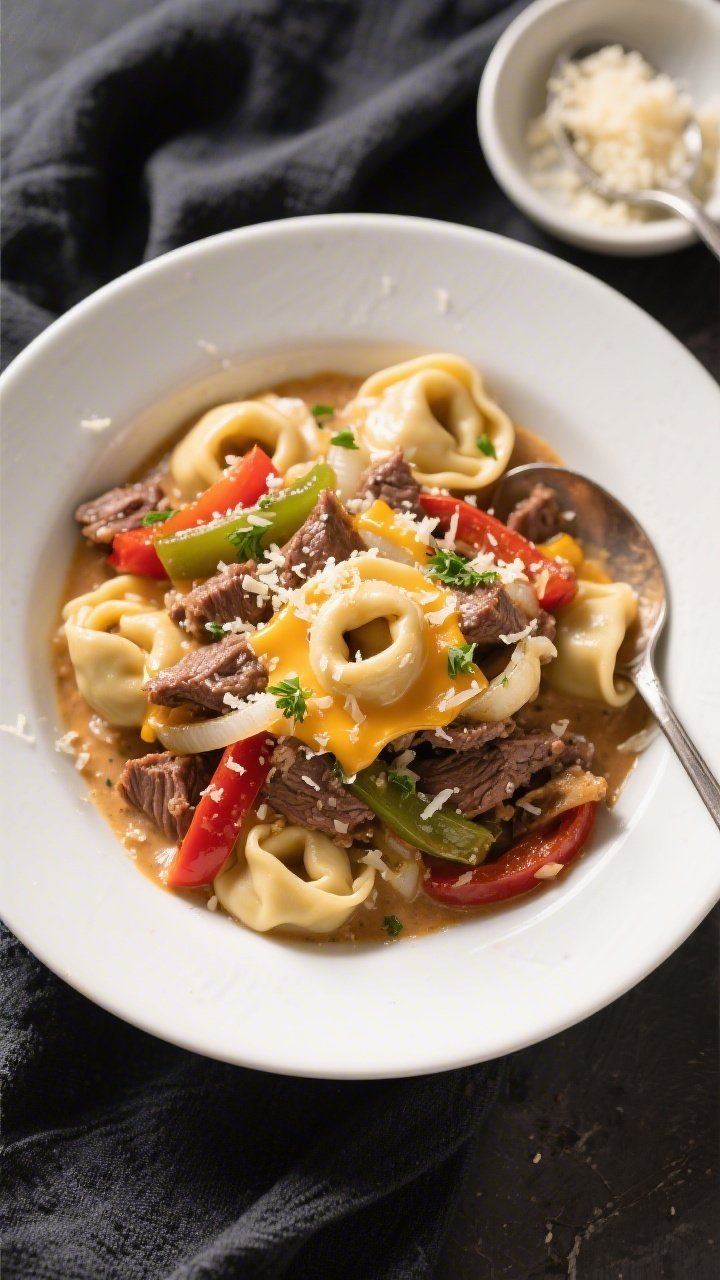Final dish, tasty top view: Overhead shot of Crock Pot Cheesesteak Tortellini plated in a wide, shal