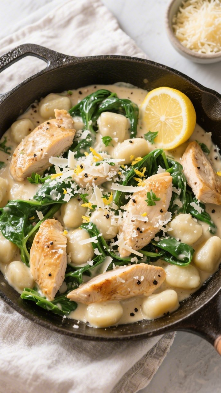 Final dish, tasty top view: Overhead shot of Garlic Chicken Gnocchi Skillet plated family-style in t