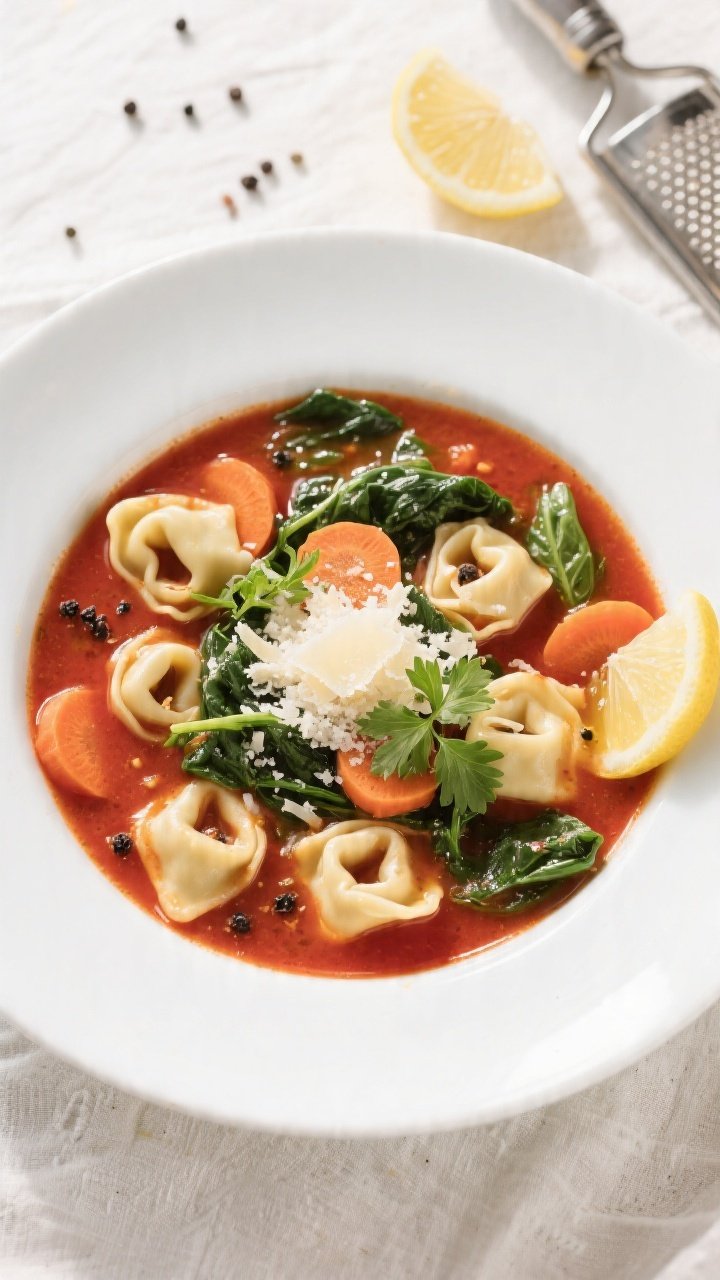 Final dish, tasty top view: Overhead shot of Healthy Spinach Tortellini Soup served in a wide white 