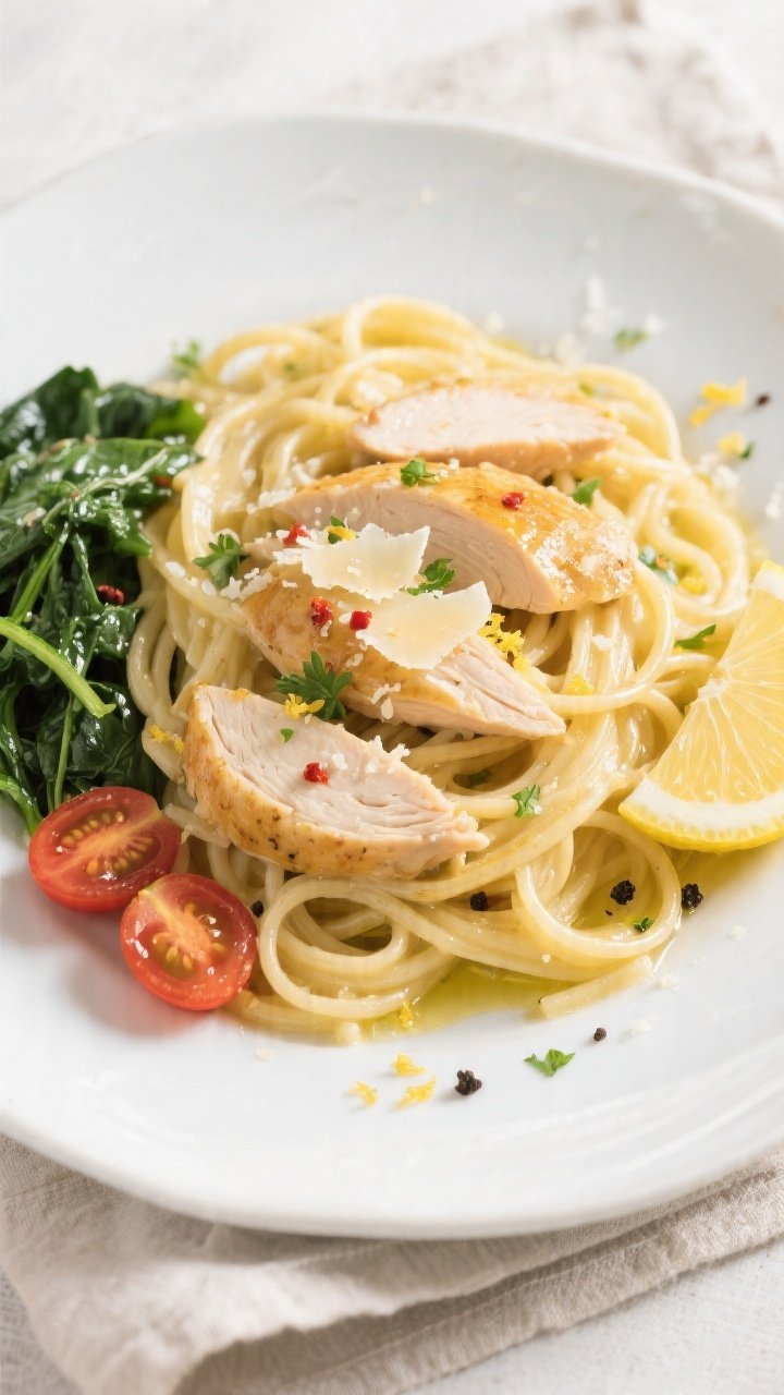Final dish, tasty top view: Overhead shot of Lemon Garlic Chicken Pasta (linguine) twirled into loos