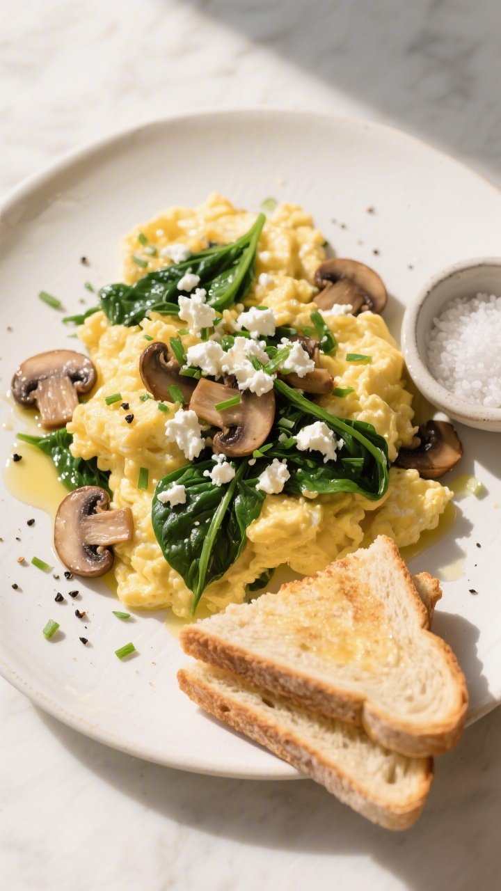 Final dish, tasty top view: Overhead shot of Mushroom Spinach Scrambled Eggs plated on a warm white