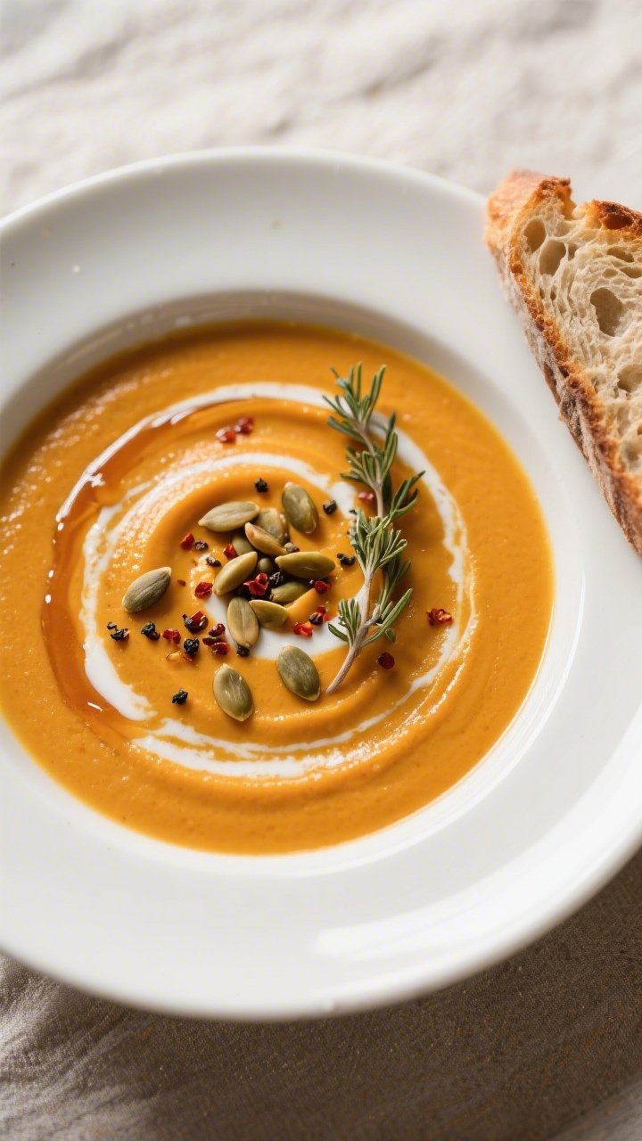 Final dish, tasty top view: Overhead shot of velvety Maple Roasted Butternut Squash Soup in a wide, 