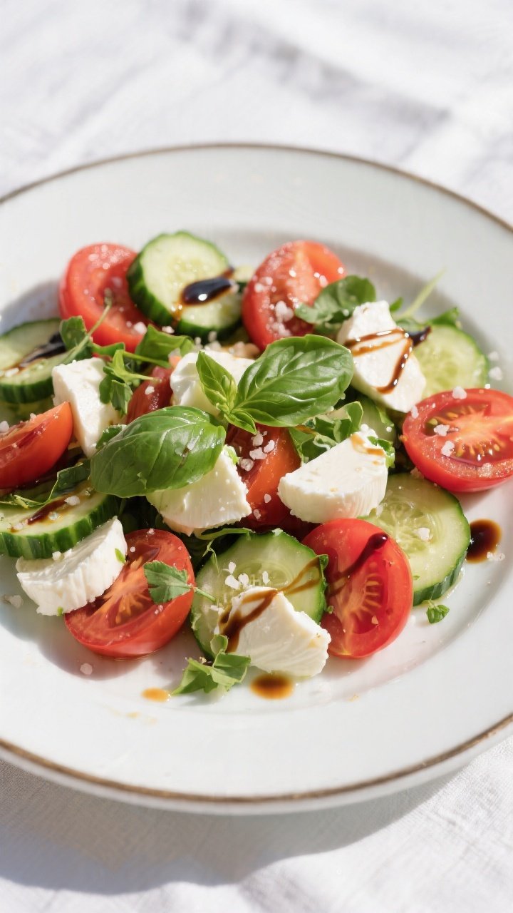 Final dish, tasty top view: Top-down restaurant-style presentation of the finished Cucumber Caprese 