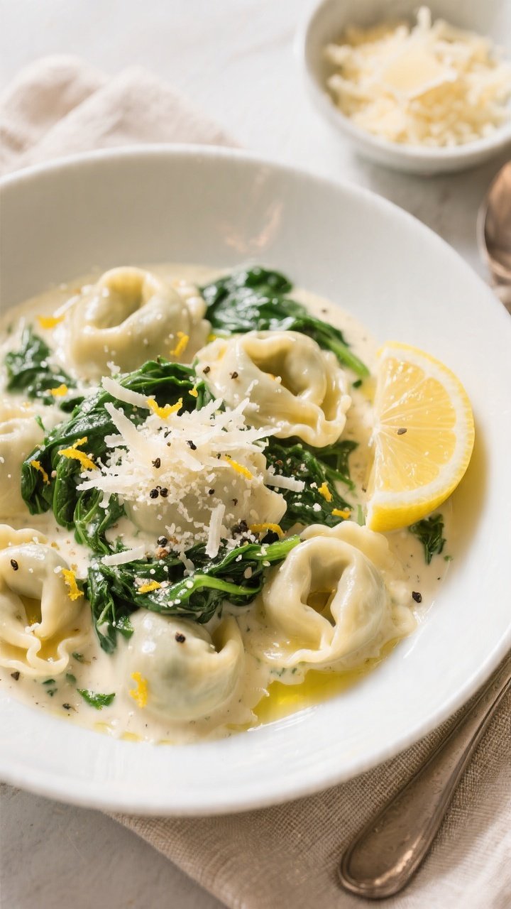 Final dish, top-down: Overhead shot of Garlic Spinach Tortellini plated in a wide shallow white bowl