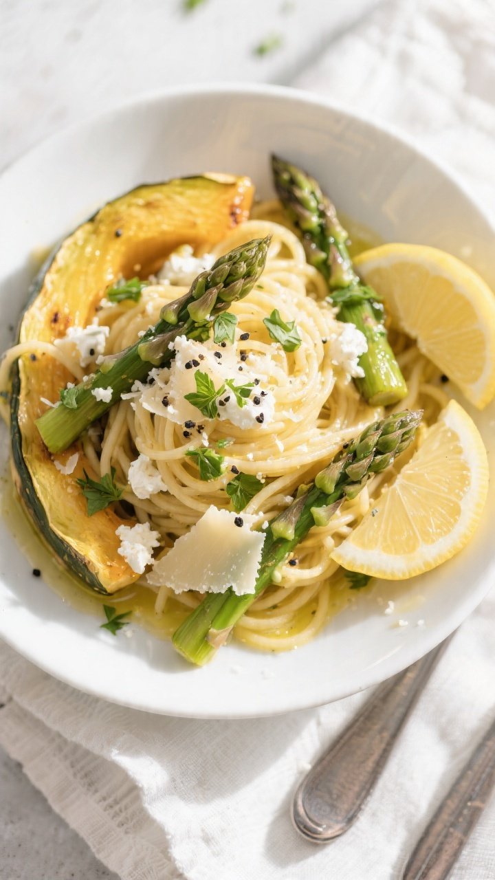 Final dish, top-down: Overhead shot of Lemon Ricotta Spaghetti Squash with Asparagus piled into wide
