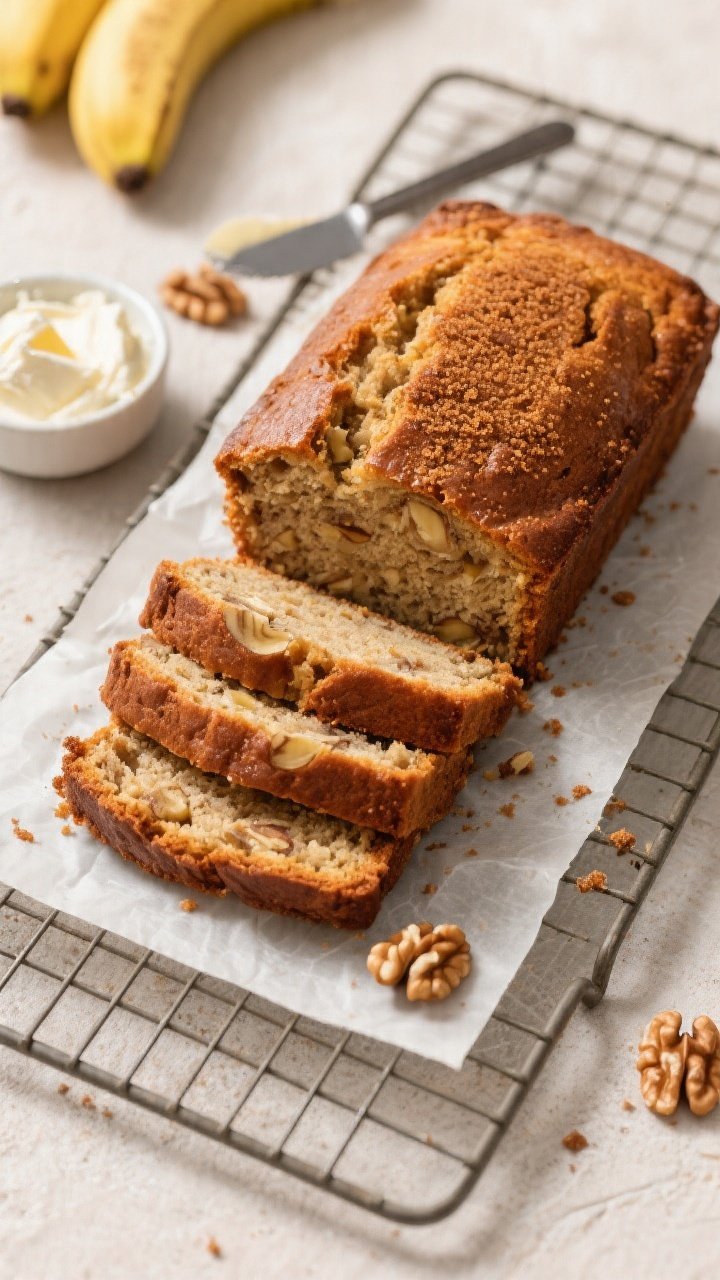 Final dish/top view: Overhead shot of a baked banana bread loaf on a parchment-lined cooling rack, d