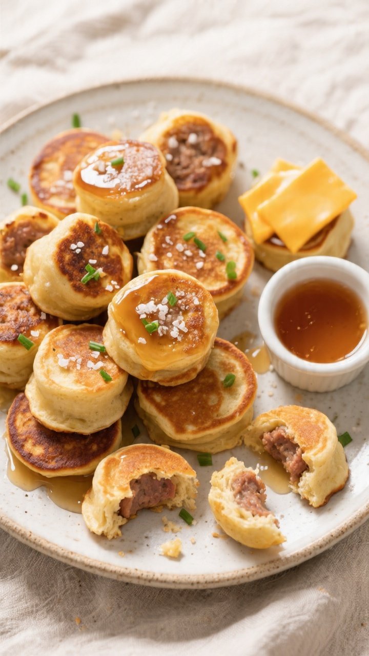 Final dish, top view: Overhead shot of a rustic ceramic plate piled with Sausage Pancake Bites, each