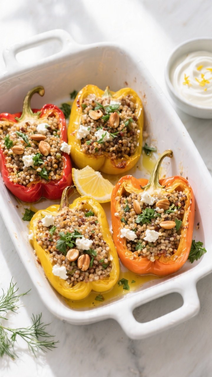 Final dish, top view: Overhead shot of baked high-protein vegetarian stuffed peppers (red, yellow, a