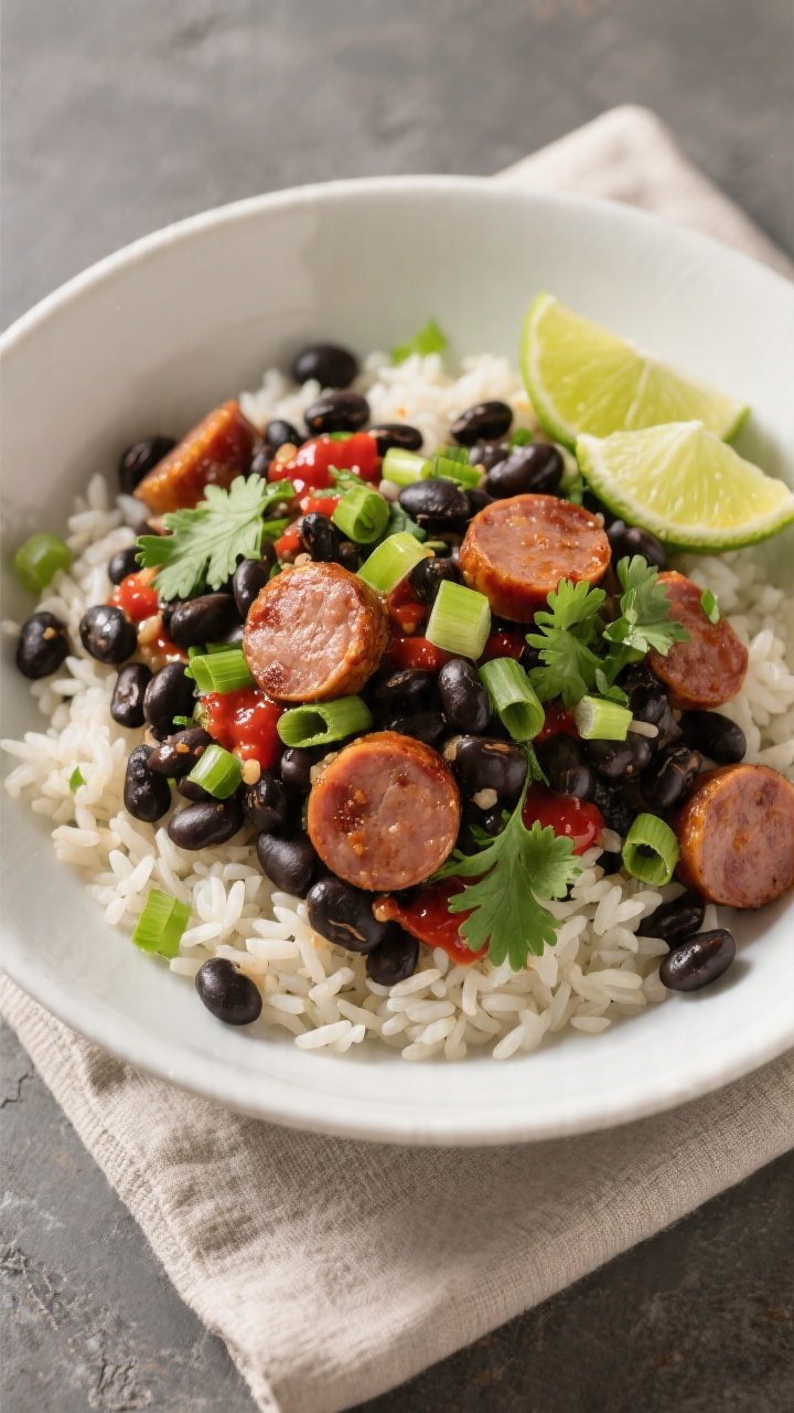 Final dish top view: Overhead shot of black beans and rice with sausage, fluffy long-grain rice stud