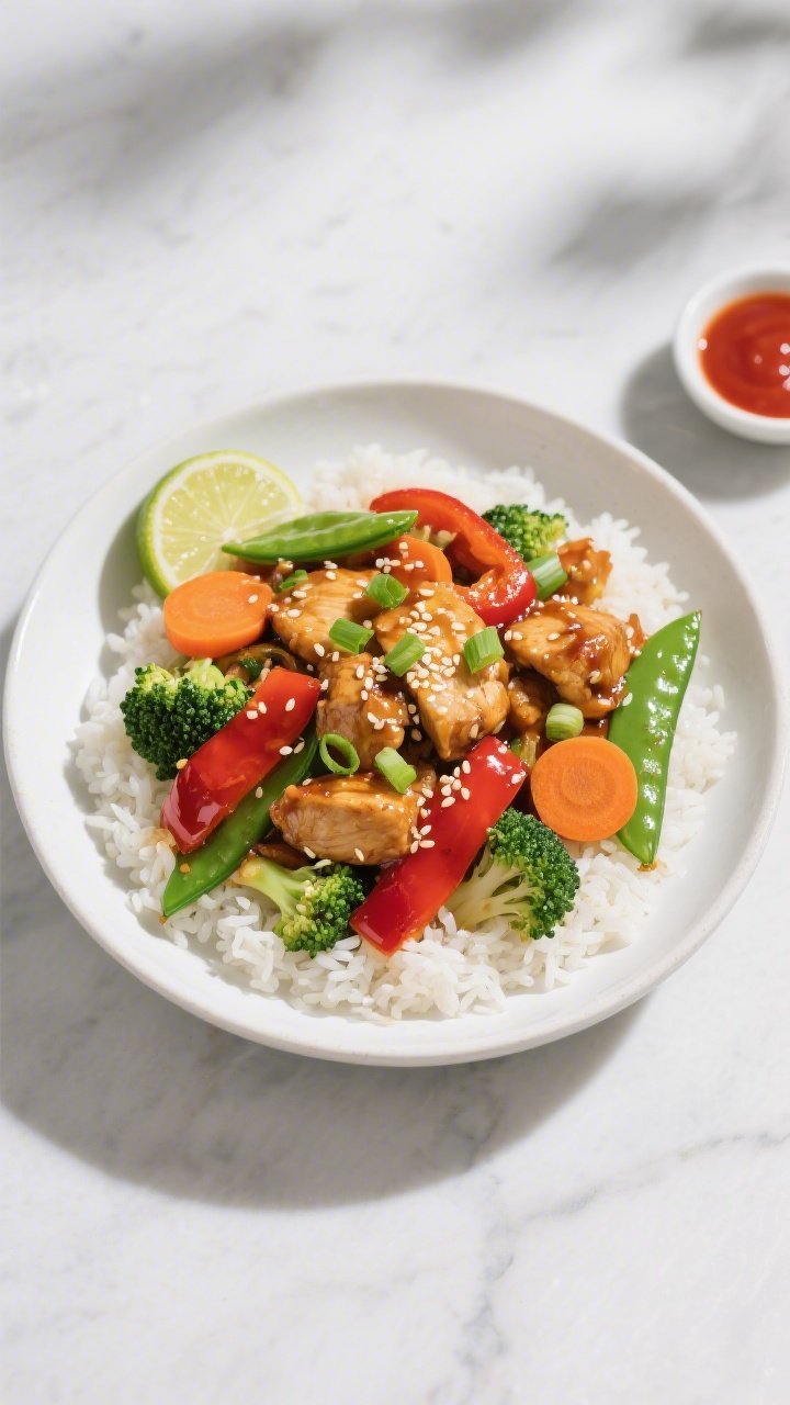 Final dish, top view: Overhead shot of Honey Sriracha Chicken Stir Fry served over fluffy jasmine ri