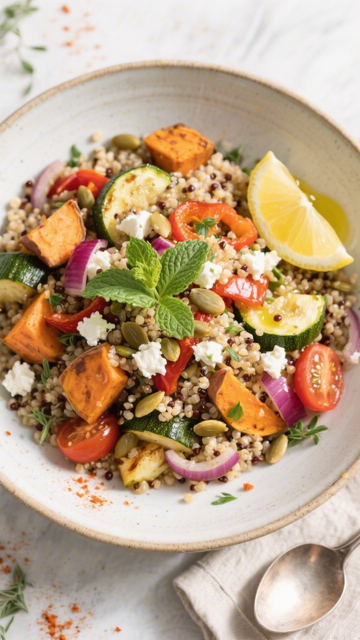 Final dish top view: Overhead shot of Quinoa Salad with Roasted Vegetables fully assembled in a wide