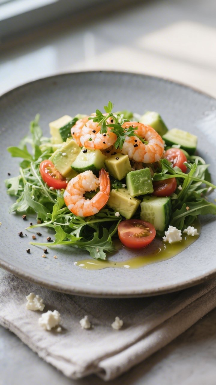 Final plated beauty: Restaurant-quality presentation of the salad mounded on a cool gray ceramic pla