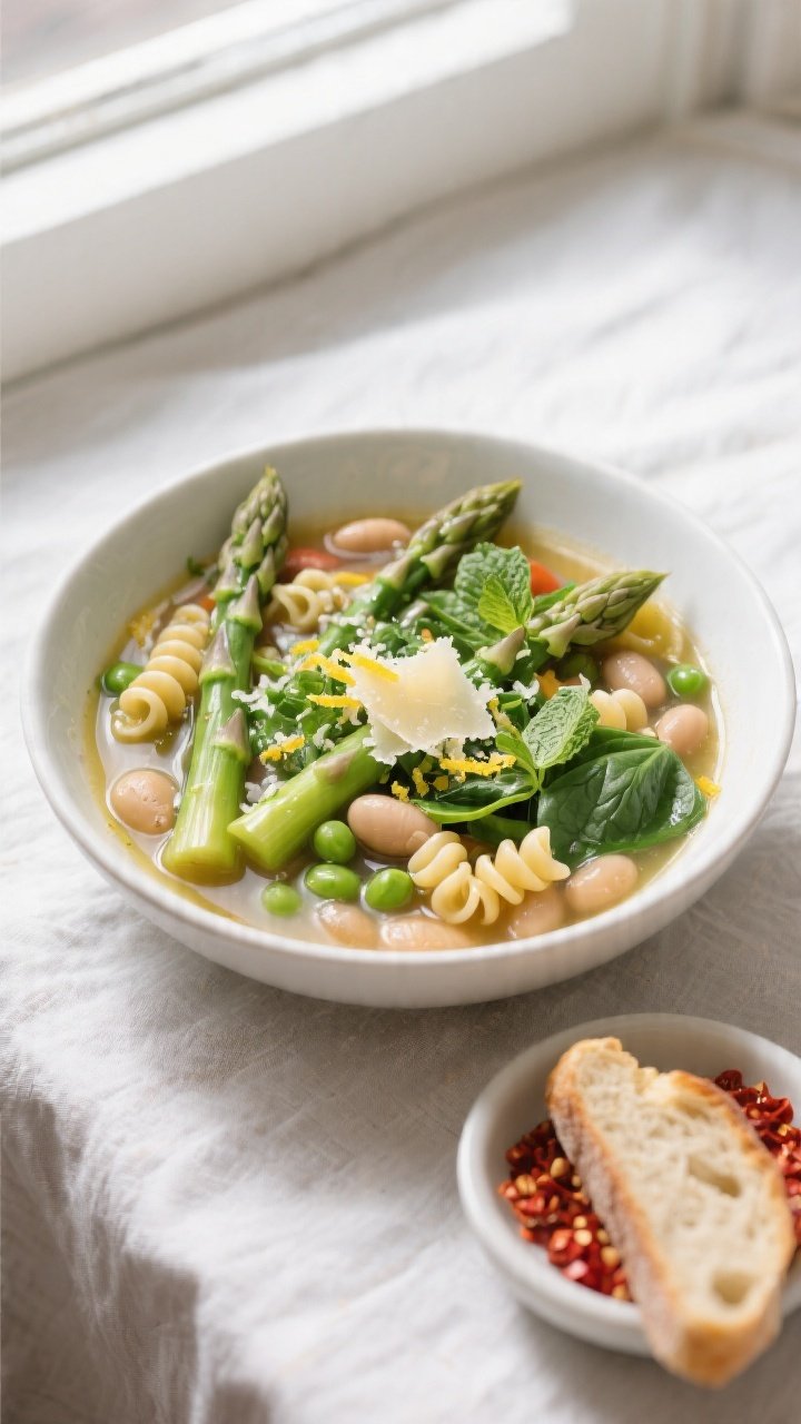 Final plated beauty shot: A generous bowl of Spring Minestrone Soup presented top-down on a matte wh