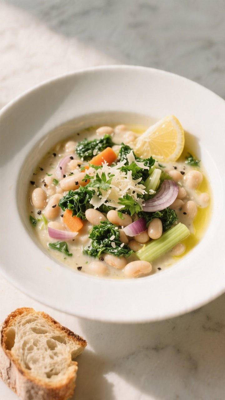 Final plated bowl of Healthy Tuscan White Bean Soup, top-down hero shot: creamy-but-chunky texture w