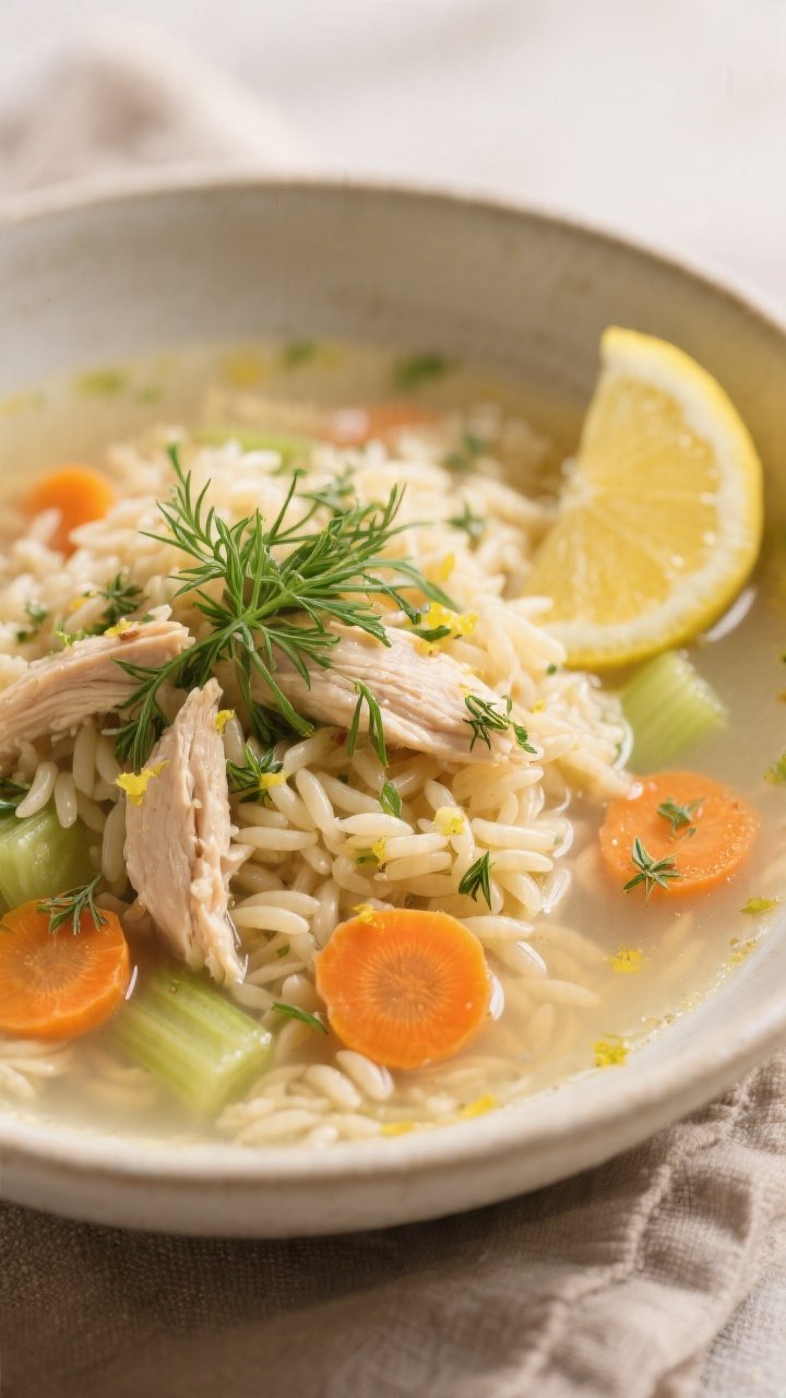 Final plated, close-up detail: A cozy bowl of Lemon Chicken Orzo Soup with silky clear broth poured 