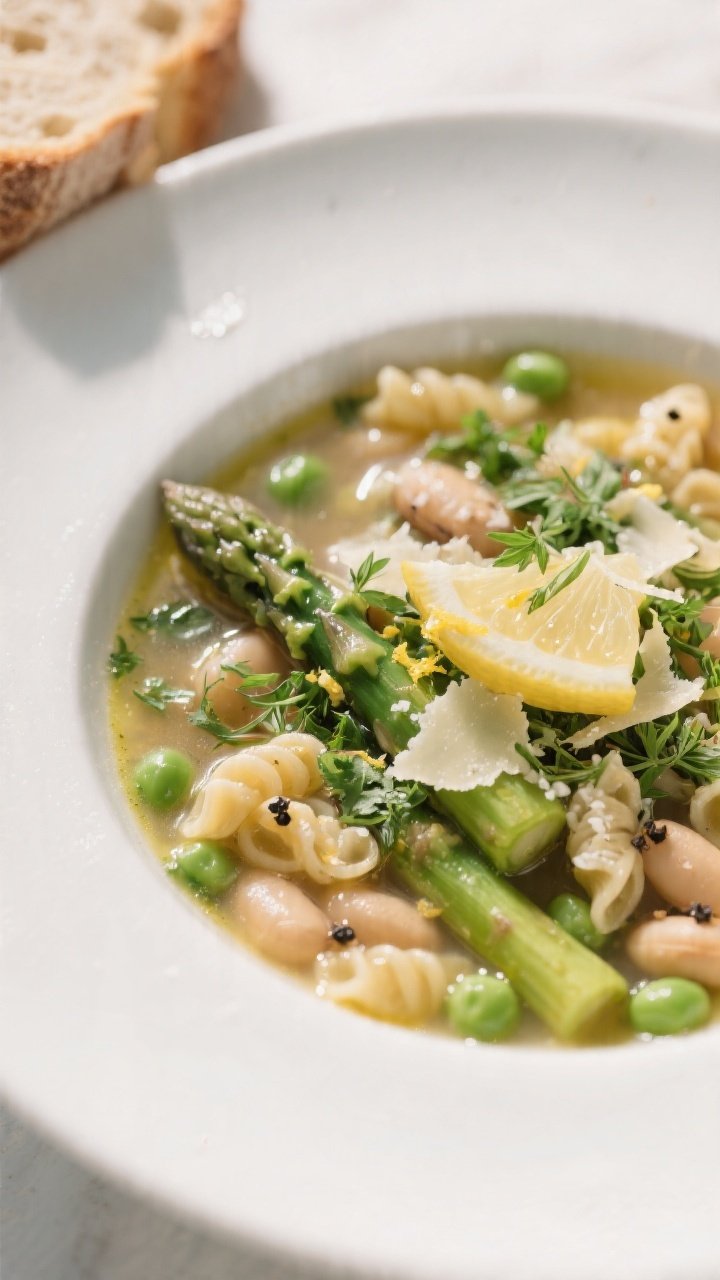 Final plated, close-up detail: A shallow white bowl of Spring Minestrone, glistening clear broth wit