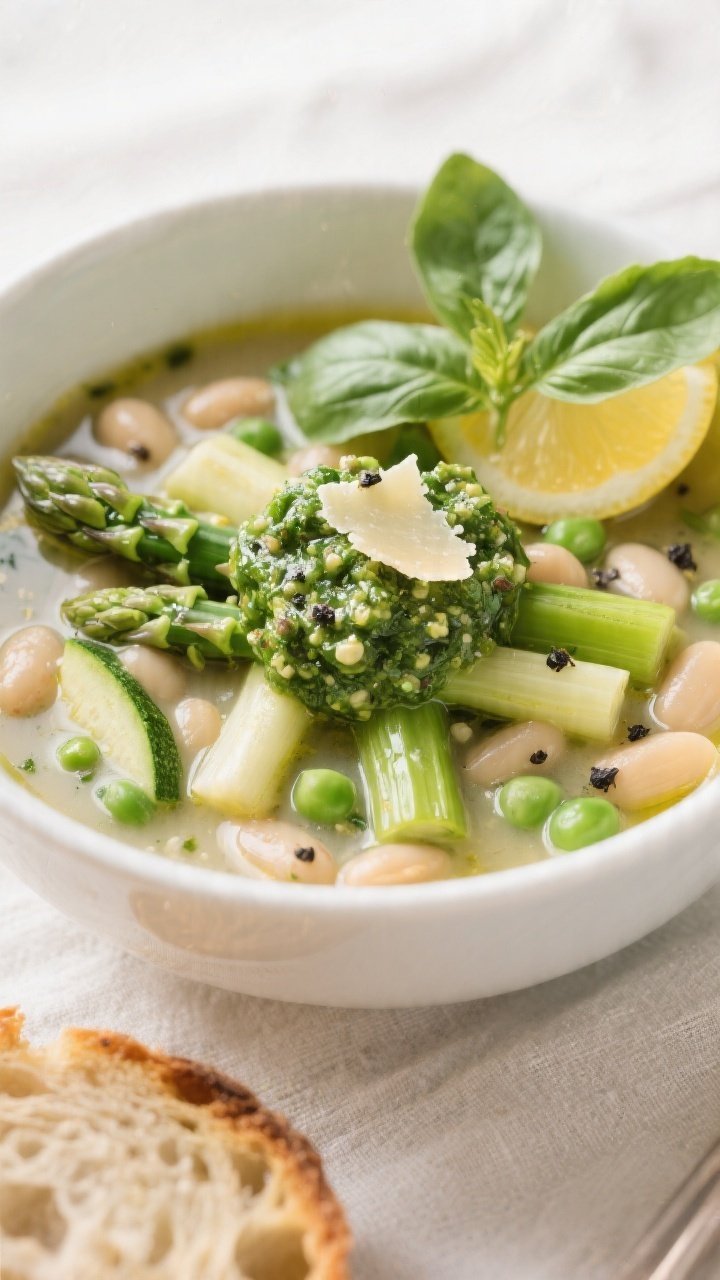 Final plated, close-up detail: A shallow white bowl filled with Simple French Pistou Soup, tight thr