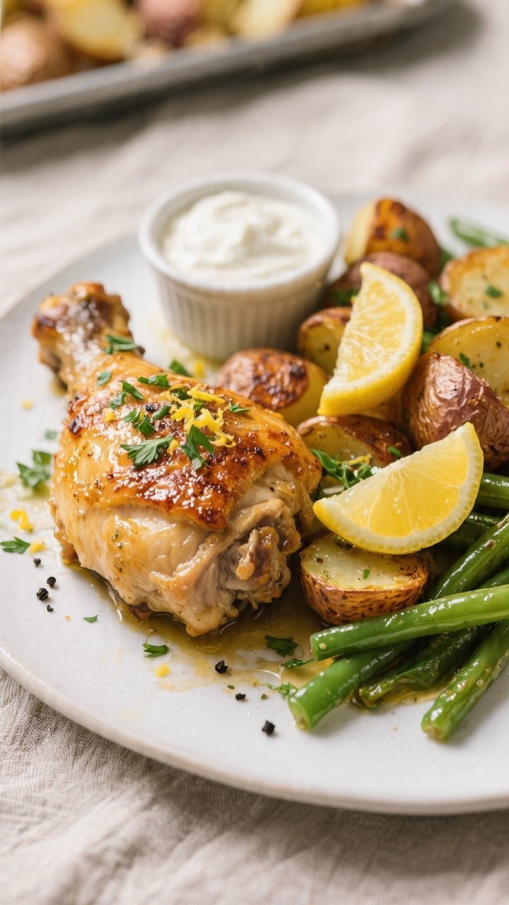 Final plated, close-up detail: Lemon Herb Chicken sheet pan dinner beautifully plated—golden, juic