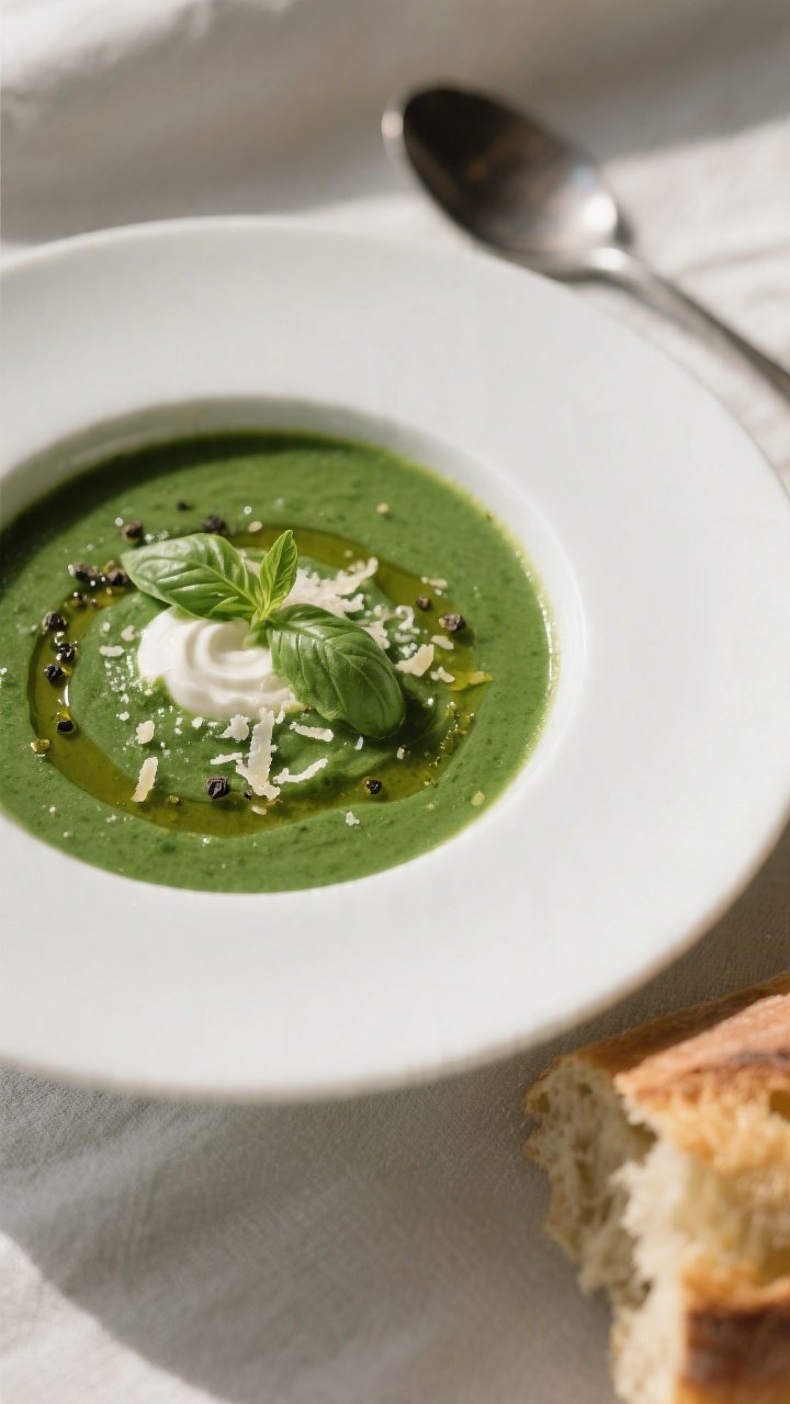 Final plated, close-up detail: Silky Healthy Spinach & Basil Soup poured into a wide white bowl, ric