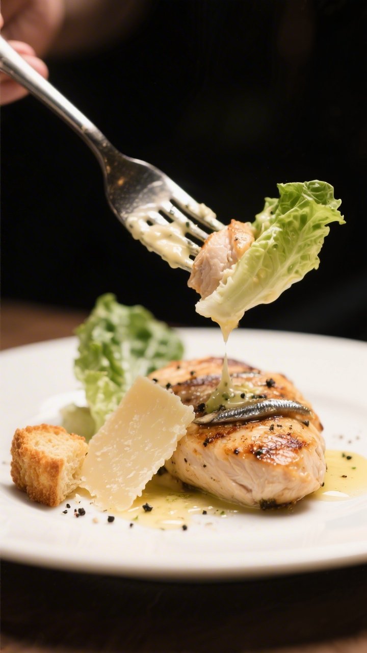 Final plated detail: Extreme close-up of a forkful lifted above the plate featuring a bite of juicy 