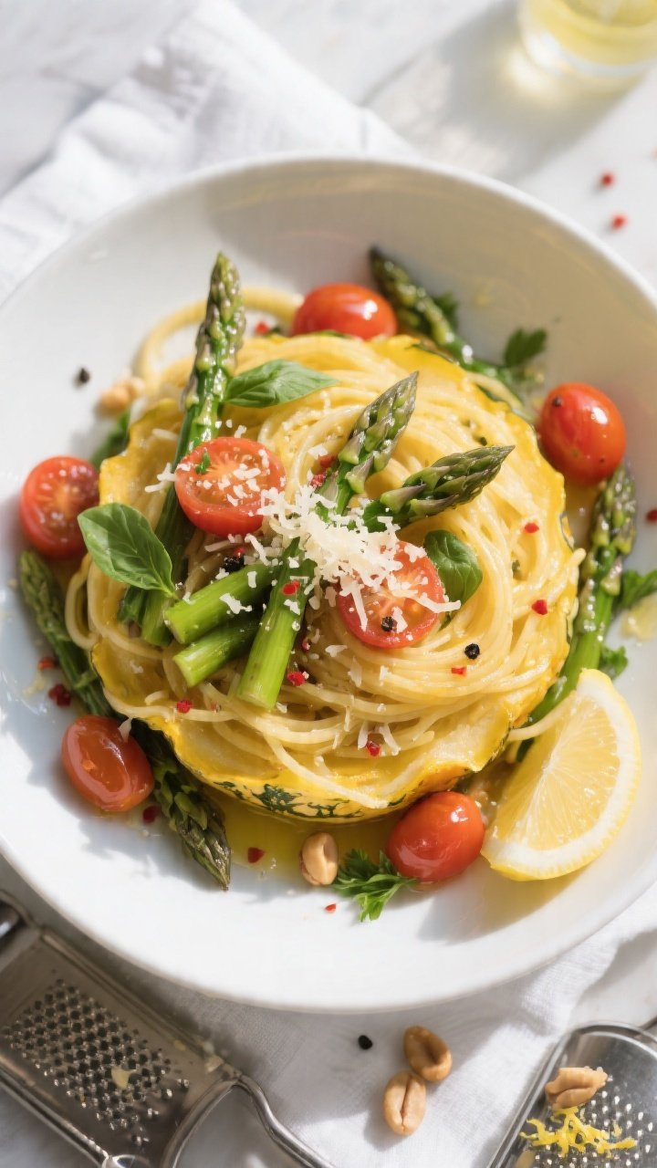 Final plated dish — overhead “tasty top view” of Spaghetti Squash Primavera with Asparagus & C