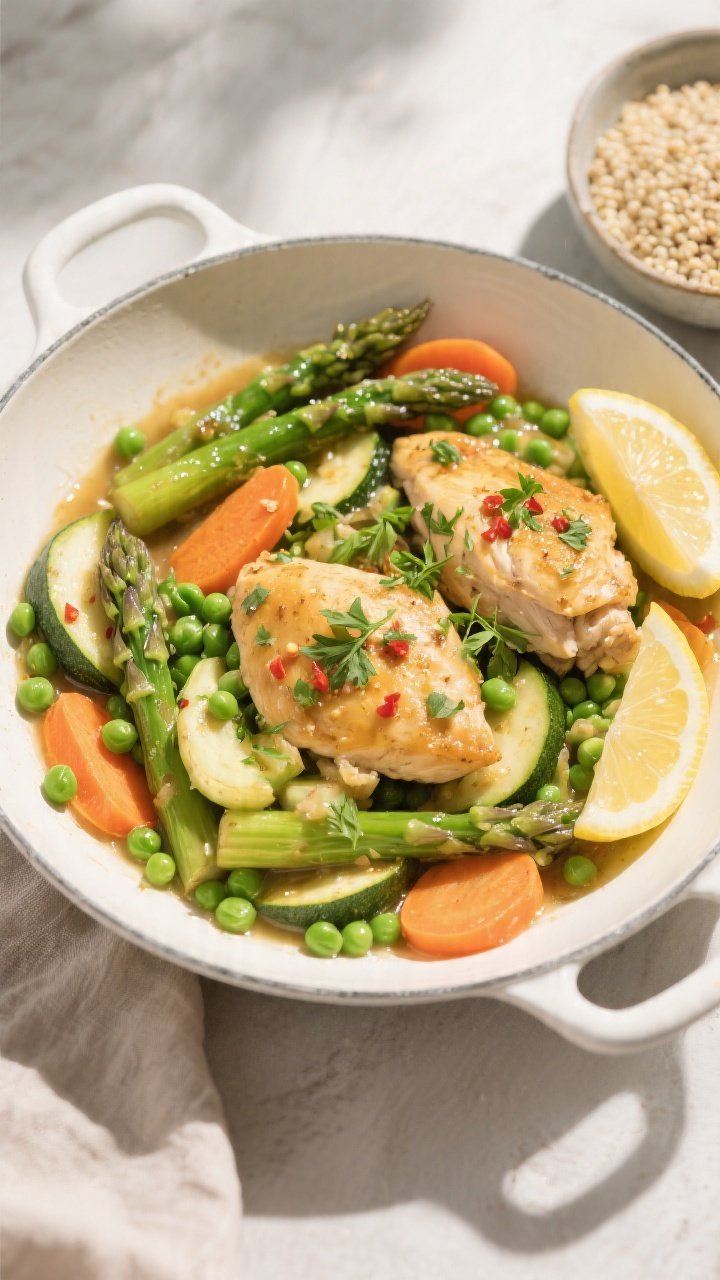Final plated dish — Bright spring presentation: Overhead shot of the Gluten-Free Spring Chicken & 