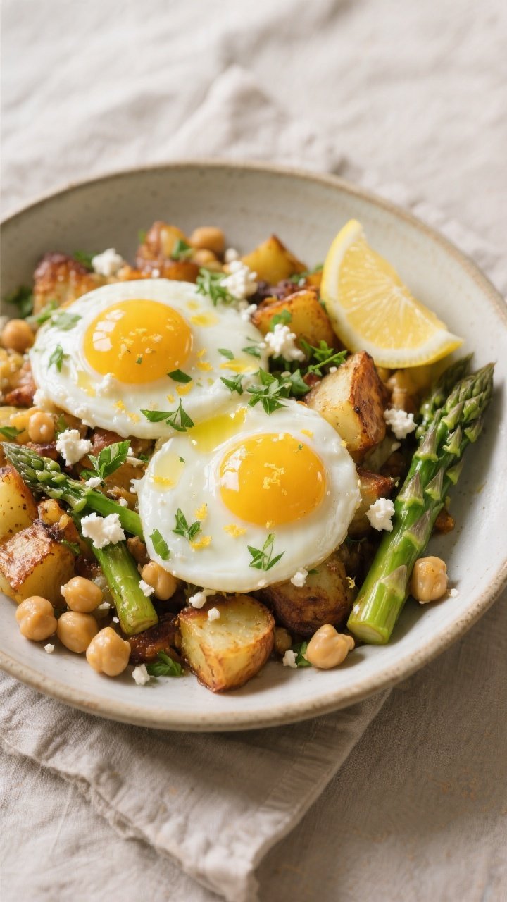 Final plated dish, overhead hero: Overhead shot of Mediterranean potato hash in a wide shallow ceram