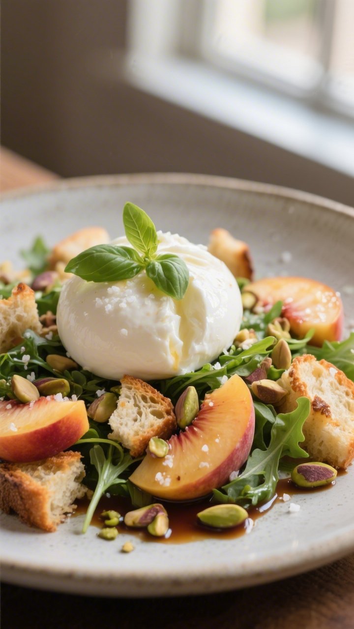 Final plated dish: Restaurant-quality presentation of Peach Panzanella Salad with torn burrata on to