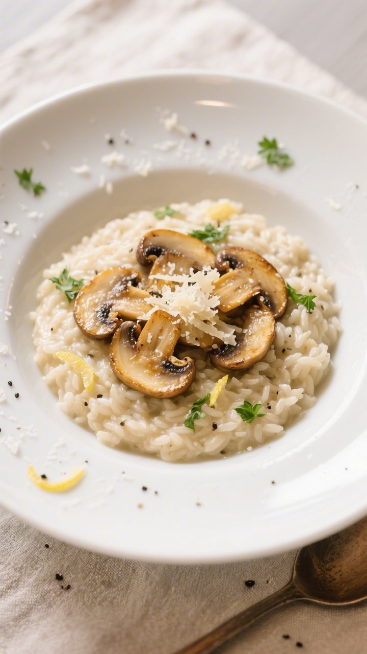 Final plated dish, top view: Beautifully plated creamy mushroom risotto in a low, wide white bowl, o