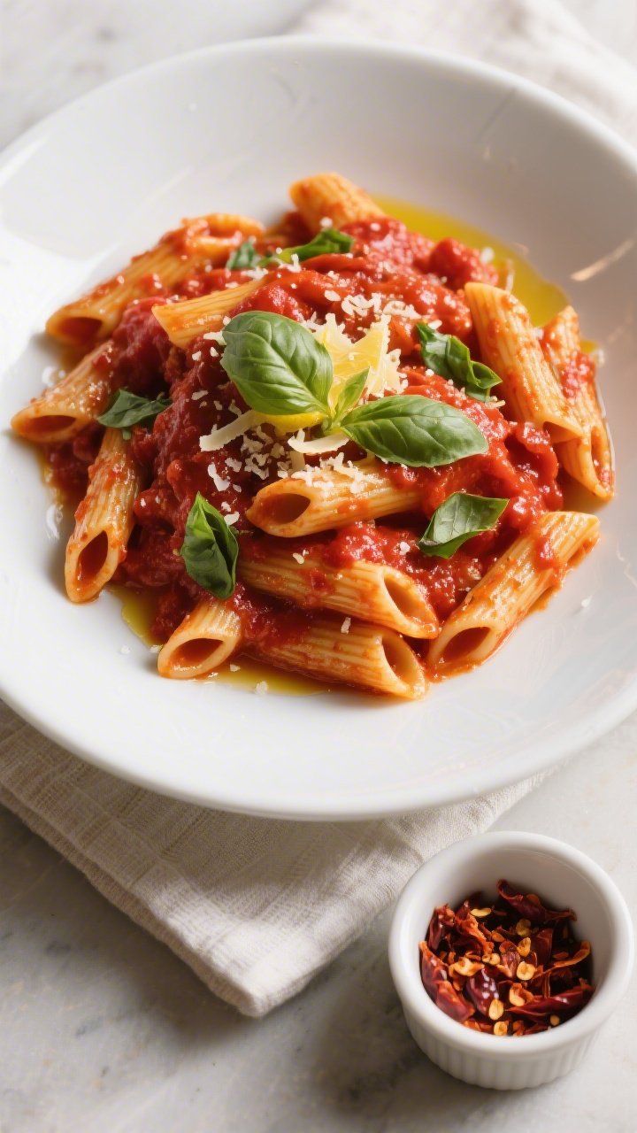 Final plated overhead: A top-down shot of penne all’arrabbiata perfectly coated and emulsified, vi