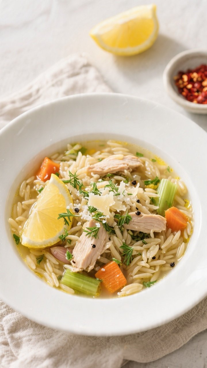 Final plated overhead: Bright, cozy bowl of Easy Lemon Orzo Soup with Garlic & Chicken, top-down her