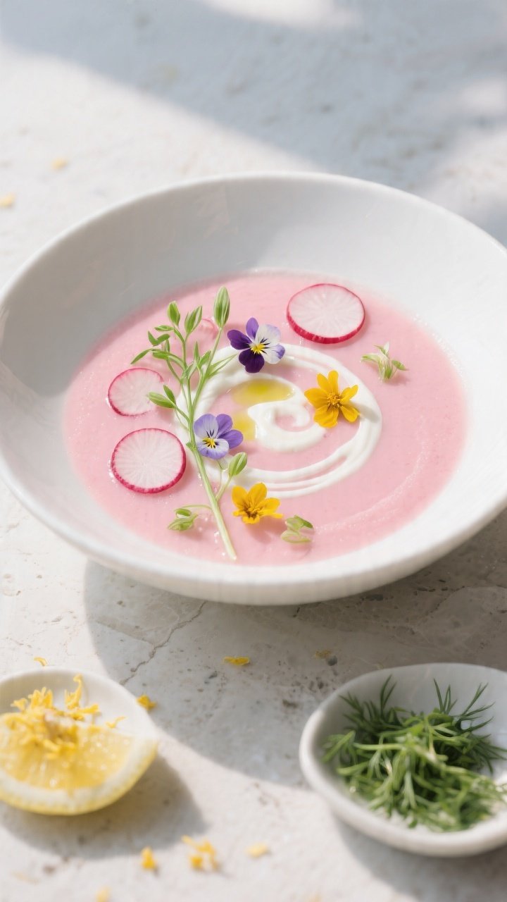 Final plated overhead: Elegant bowl of spring radish soup, perfectly smooth blush-pink surface finis