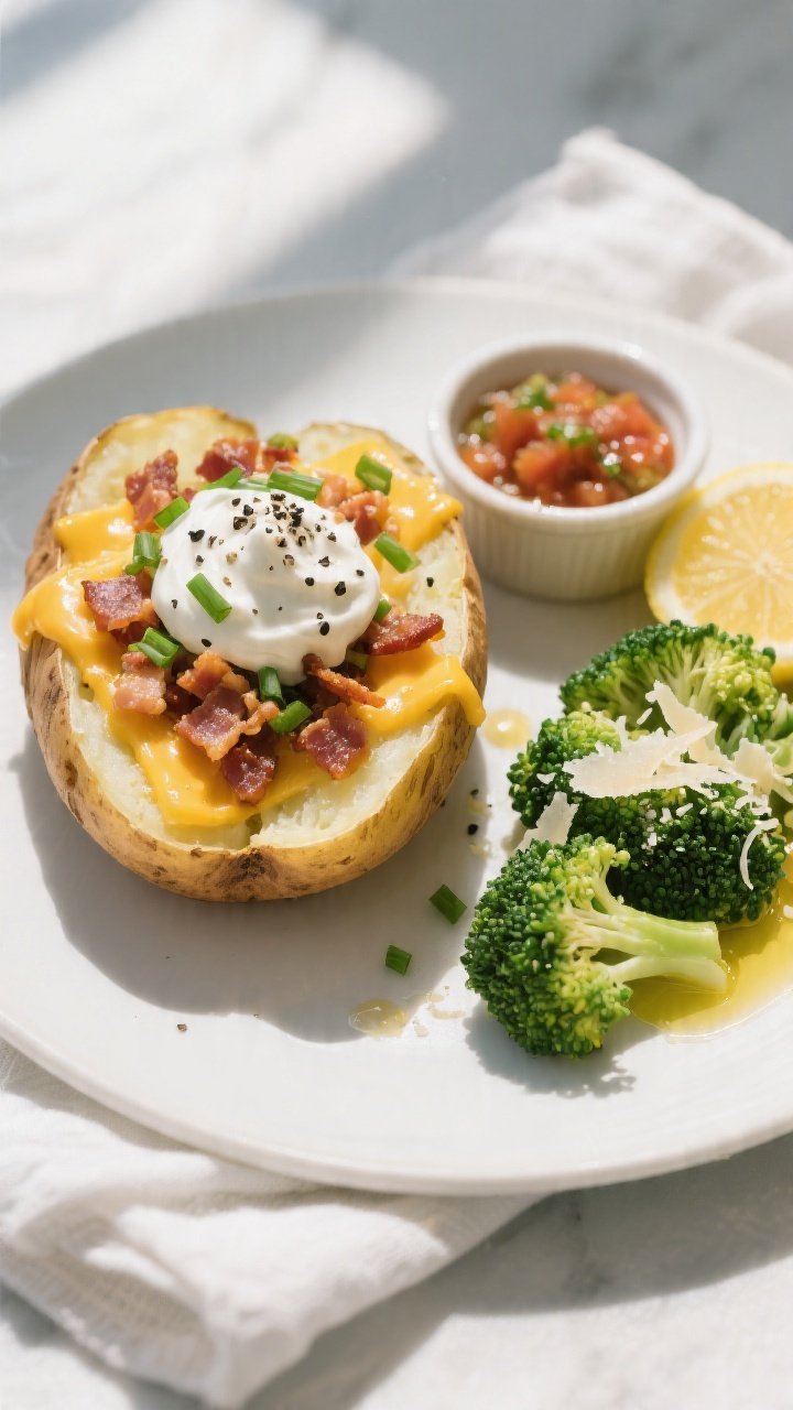 Final plated overhead: Fully loaded microwave “baked” russet potato split and fluffed, buttery i