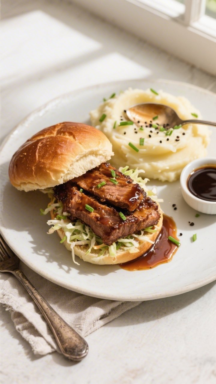 Final plated, overhead hero: Overhead shot of brown sugar balsamic pork piled onto toasted brioche b