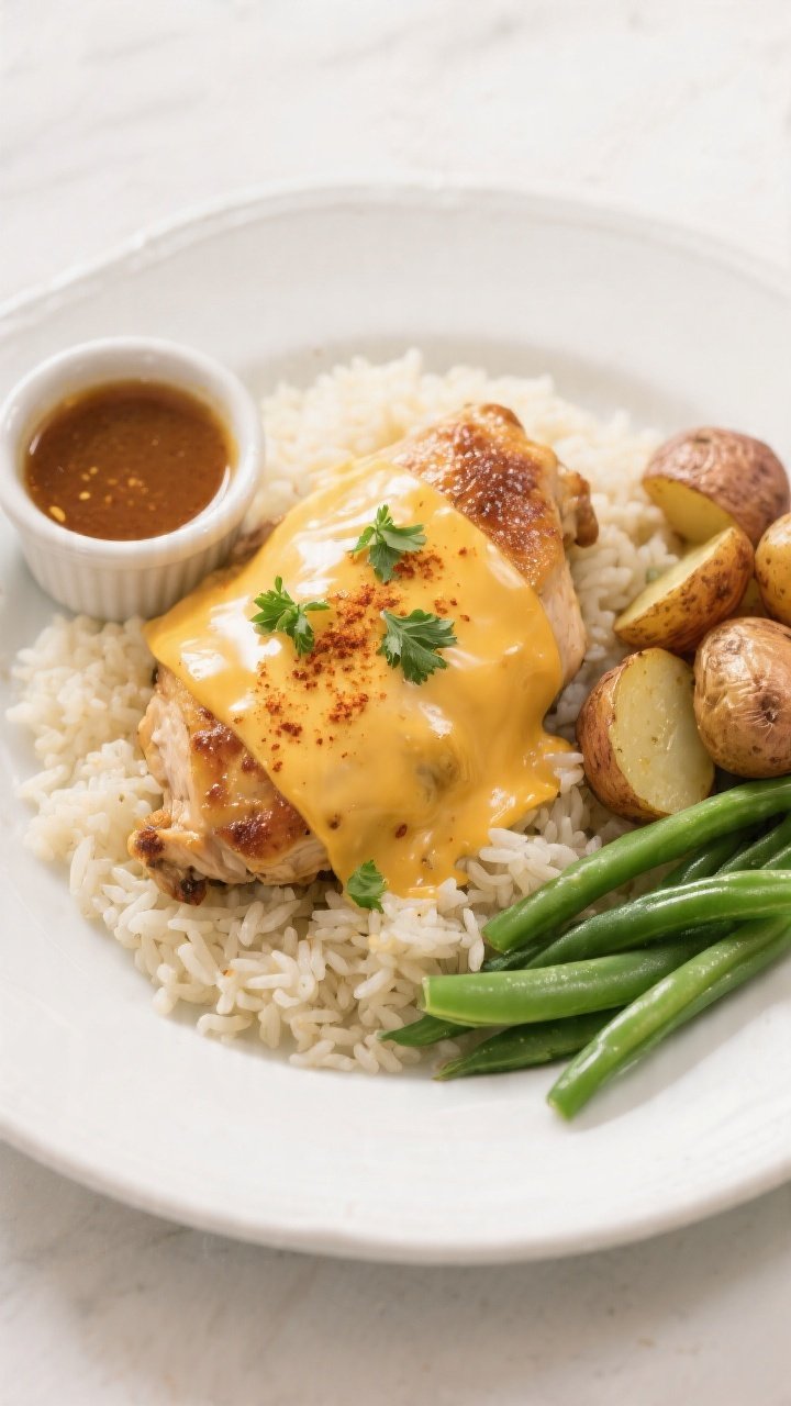 Final plated, overhead hero shot: Honey Mustard Chicken with Cheese served on a white ceramic plate 