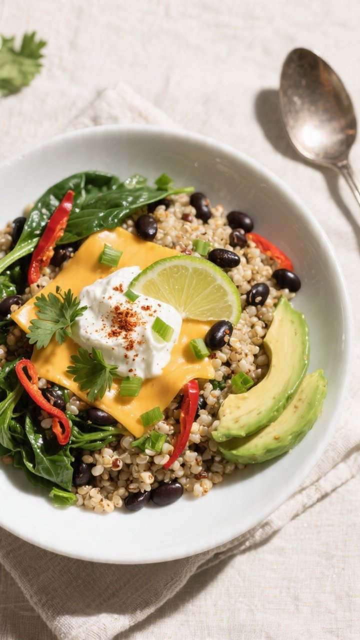 Final plated overhead: High Protein One Pot Dinner served in wide white bowls, quinoa perfectly tend