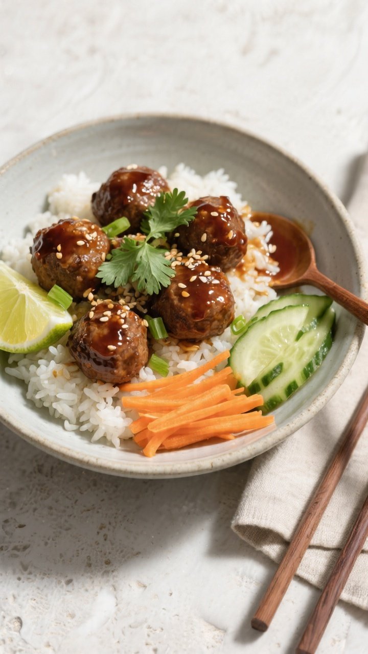 Final plated overhead: Overhead shot of a Meatballs and Rice Bowl in a matte ceramic bowl—fluffy j