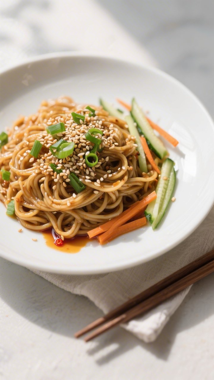 Final plated overhead: Overhead shot of Asian Sesame Noodles plated in a wide, shallow white bowl; n