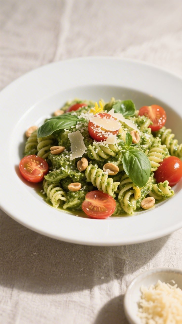 Final plated overhead: Pesto pasta with cherry tomatoes beautifully plated in a wide white bowl—fu